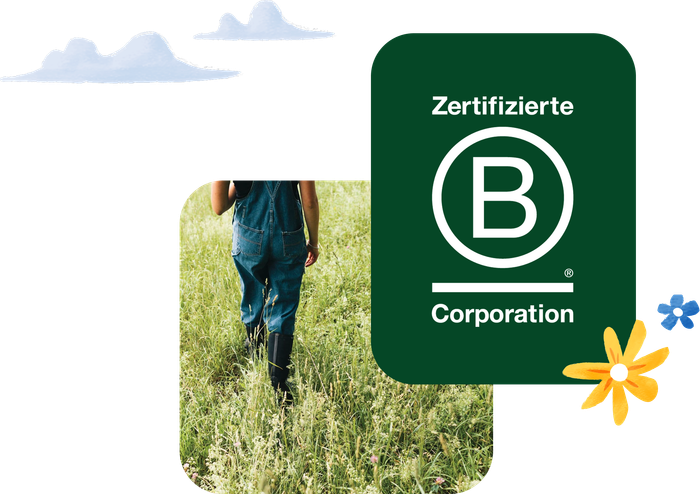Collage mit dem B Corp-Siegel und einer Person, die über eine wilde grüne Wiese läuft.